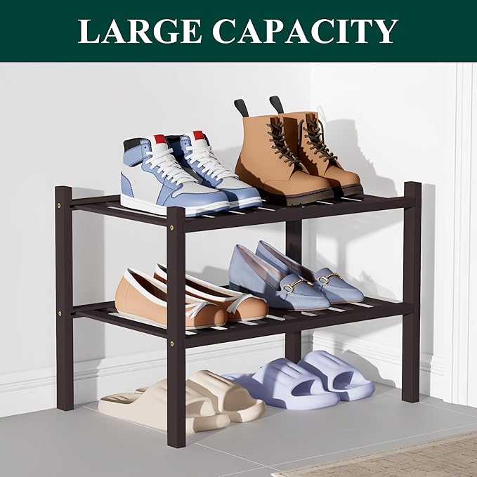 Smiry Bamboo Shoe Rack for Closet, 2 Tier Small Wooden Shoe Organizer, Stackable Wood Shoe Storage Shelf for Entryway, 14 Vertical Slats, One-piece Heavy-Duty Legs, 17.32"x11.02"x12.99", Brown
