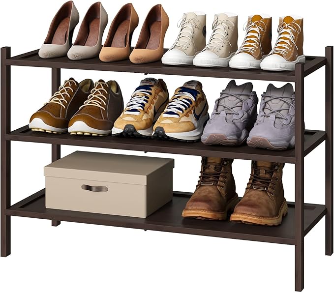 Bamboo Shoe Rack for Entryway, 3-Tier Stackable, Foldable, Natural