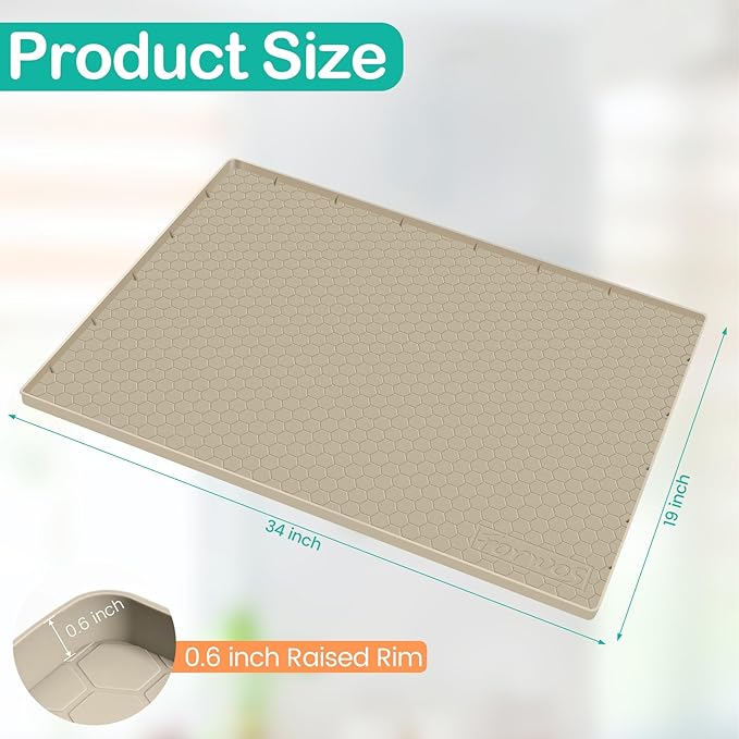 Waterproof Under Sink Mat 34" x 19", Silicone Cabinet Liner, Rubber Protector for Kitchen and Bathroom, Keeps Cabinets Clean, Dry, and Organized (Khaki)