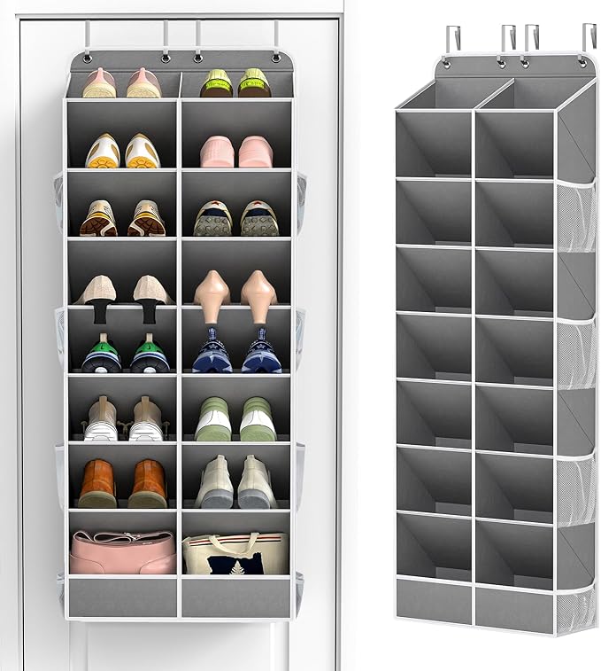 Yecaye 16-24 Pairs Over the Door Shoe Organizer, Large Capacity Hanging Shoe Rack for Door Hanger with Deep Pockets, 8 Tier Shoe Holder for Sneakers Boots Heels College Dorm Essentials, Grey