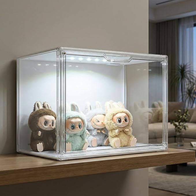 GUDEMAY Clear Showcase with Light, Stackable Acrylic Display Case for Collectibles, Figures, Shoes, Toys & Jewelry, Dustproof Storage Box - Support Voice Control Lighting