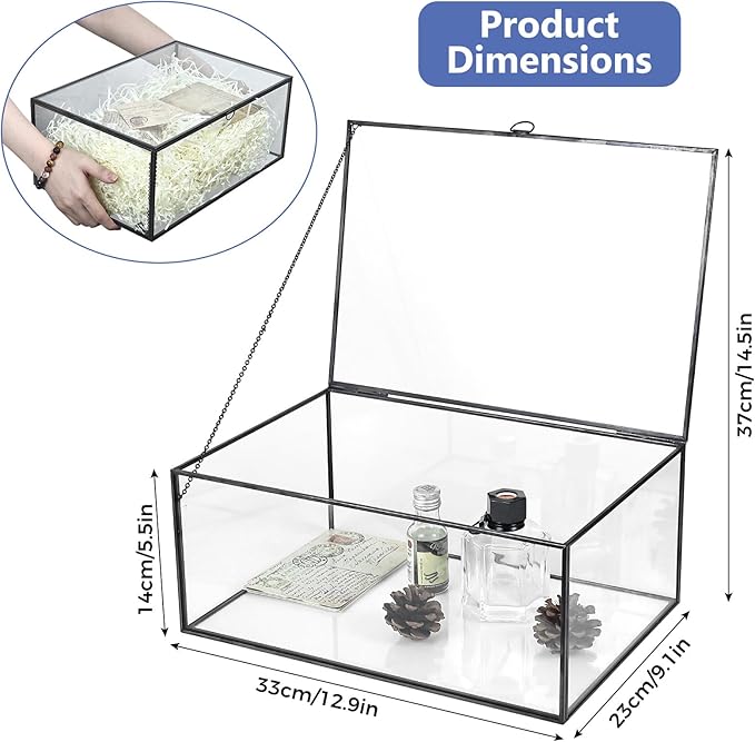 HighFree Vintage Glass Box with Lid - Clear Jewelry Glass Display Box Keepsake Box - Home Decor Decorative Box for Trinket Rings Bracelet (Black, X-Extra Large)