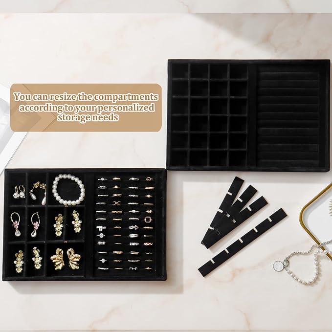 Large Velvet Jewelry Tray 2 Pack Stackable Jewelry Display Drawer Inserts Trays Organizer for Earring Bracelet Necklace Ring (Black, Ring and 24 Grids)