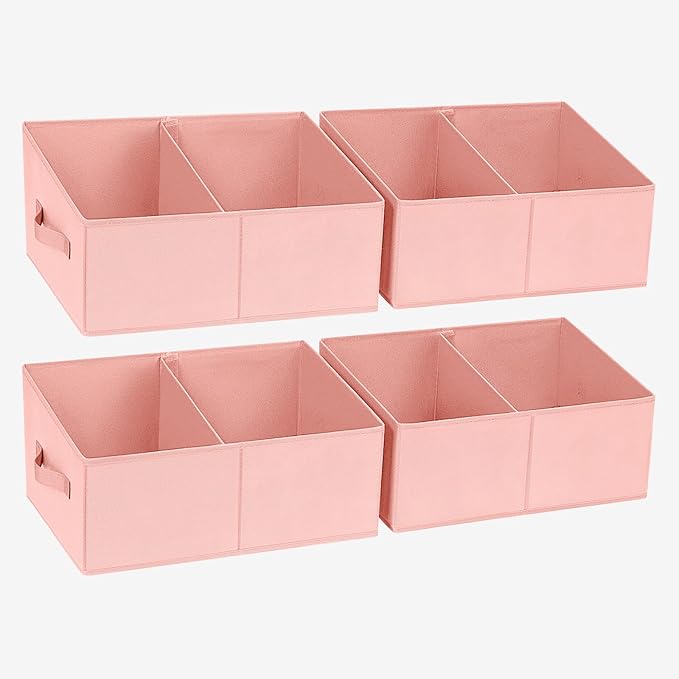 Large Closet Shelf Organizer Bins 4 Packs with Handles and Divider, Pink