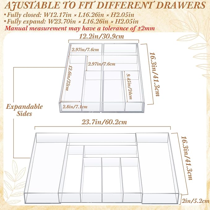 Teenyyou 1 Pack Expandable Kitchen Drawer Organizer Clear Acrylic Utensil Organizer Adjustable Acrylic Silverware Storage for Drawers Silverware Flatware Knives (12 x 16 Inches,6-8 Compartments)
