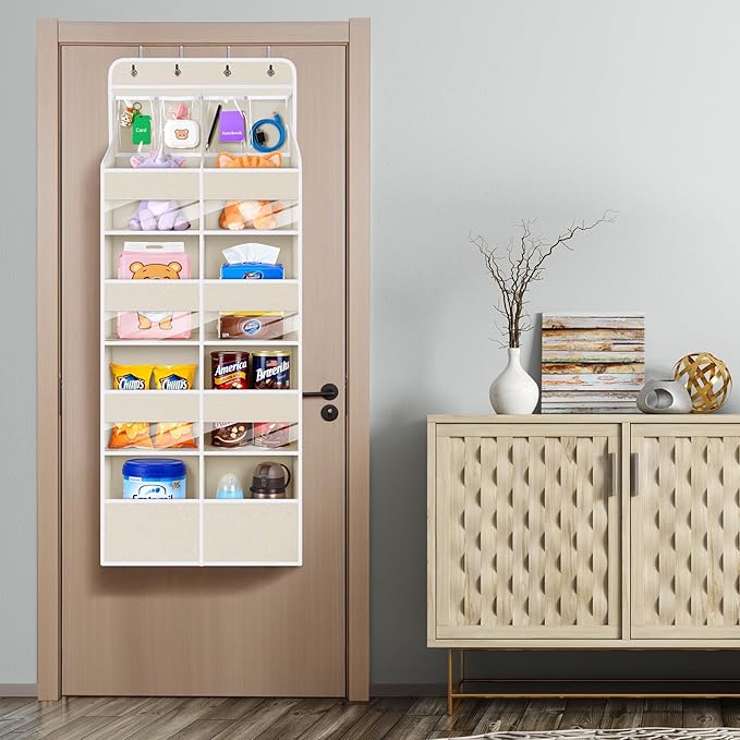 Univivi 5-Shelf Fabric Door Storage Over Door Hanging Organizer with 8 Large Pockets and 4 Small PVC Pockets Closet Cabinet Wall Mount Hanging Storage Organizers for Baby Nursery (Beige Pattern)