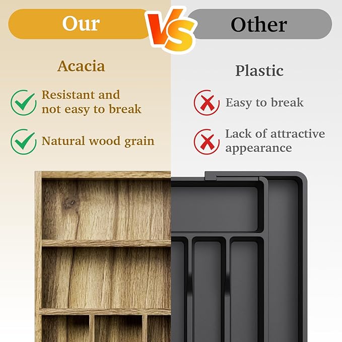 Kiasthome Acacia Wood Silverware Drawer Organizer, 7 Slots