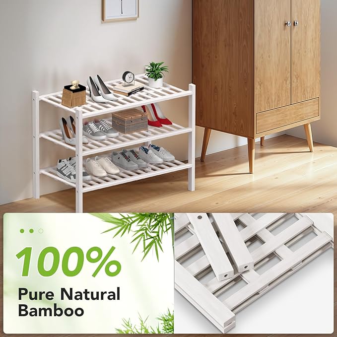 Haddockway Large 3 Tier Bamboo Shoe Rack Storage Organizer, Multifunctional Free Standing Stackable Shoe Shelf with Grid Panel for Closet,Hallway,Entryway,Small Space 27"x12"x21"