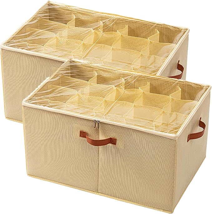 2 Pack Shoe Organizer for Closet - under bed storage shoe organizer with Adjustable Dividers and Clear Cover, Stackable shoe rack Fit 16 to 32 Pairs for dorm room essentials (cream-colored, 20 grids)