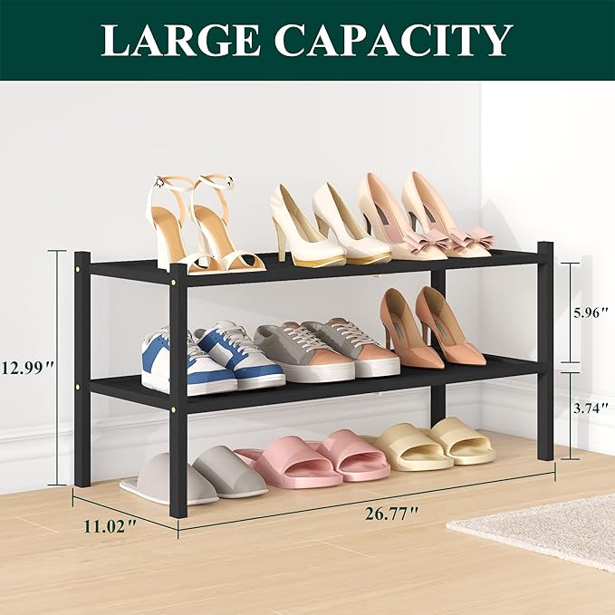 Bamboo Shoe Rack, 2 Tier Shoe Organizer for Entryway & Closet, Black