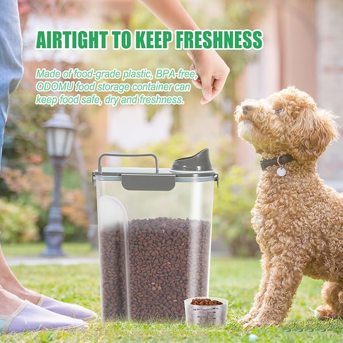 5-7LBS Upgraded Large Nozzle Cat Dog Food Storage Container BPA-free, Airtight Pet Food Storage Bin with 4 Lock Buckles, Sealing Gasket, Cup for Pet Food, Dog Treats, Rice, Flour, Dry-Grey