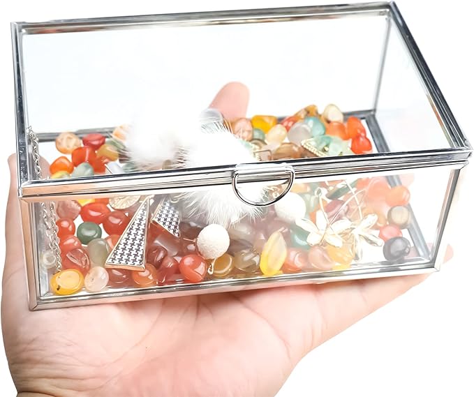 HighFree Vintage Glass Box with Lid - Clear Jewelry Glass Display Box Keepsake Box - Home Decor Decorative Box for Trinket Rings Bracelet (Silver, X-Small)