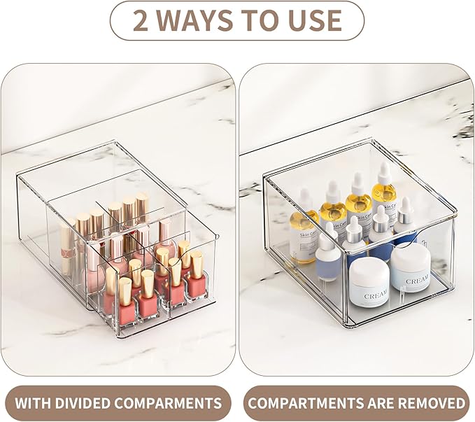 4 PCS Clear Stackable Storage Drawers with Adjustable Dividers, 6 Compartments Large Tea Bag Organizers, Acrylic Food Storage Bins for Pantry, Kitchen Cabinet, Fridge, Sugar & Spice Packets, Snacks