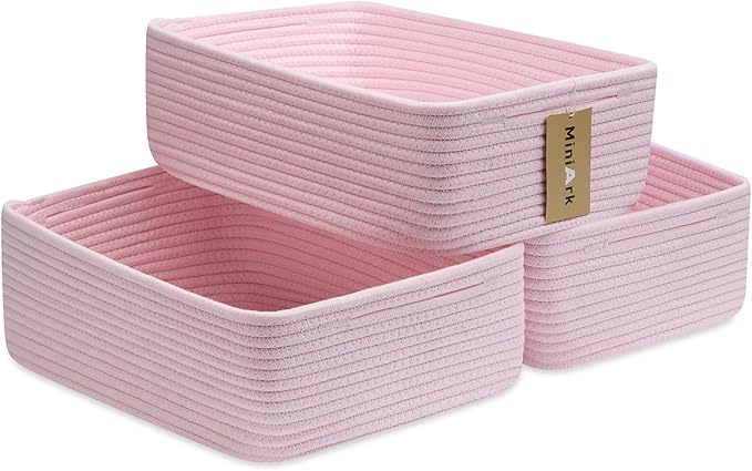MiniArk Large Shallow Organizing Baskets 15x11x5.1 Inches - Rope Woven Storage Bins for Bathroom, Shelves, Cube Closet, Light Pink 3 Packs