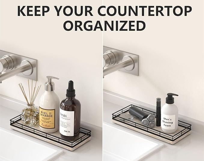 Bathroom Tray for Counter Top Organizer – Ash Wood Vanity Tray with Metal Frame for Dresser, Kitchen, Nightstand – Black & Whitewashed Decorative Storage