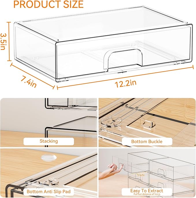 12.2''W Clear Stackable Storage Drawers, 4 Pack Acrylic Drawers