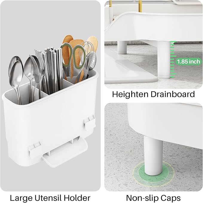 SAYZH Dish Drying Rack - Expandable Dish Rack for Kitchen Counter, Rust-Resistant Dish Drainer with Utensil Holder and Raised Guardrail, Kitchen Organizer for Cup and Bottle (Gold)