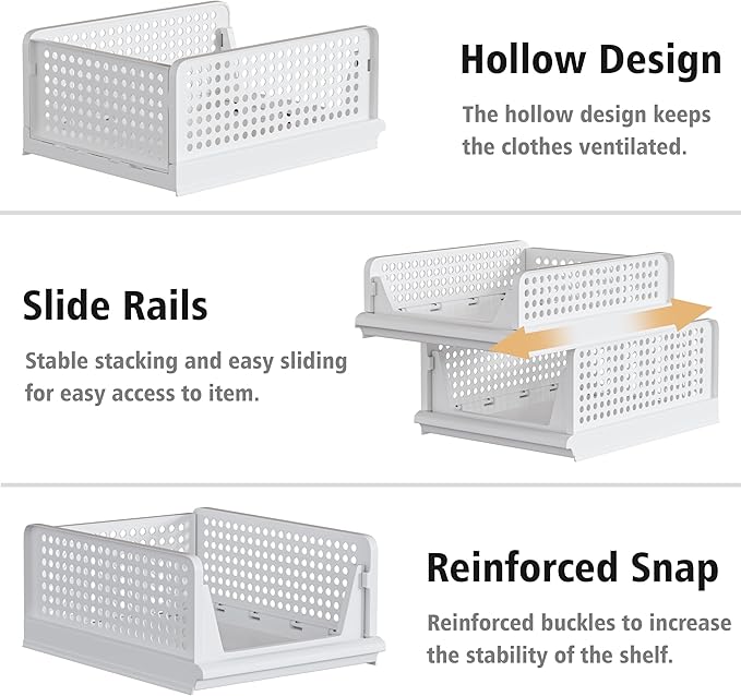 Proarea 5 Pack Stackable Plastic Storage Basket Closet Organizer Bin Foldable Clothes Organizer Storage Drawer Shelf Container for Living Room Bathroom Kitchen Office Laundry Room 5L