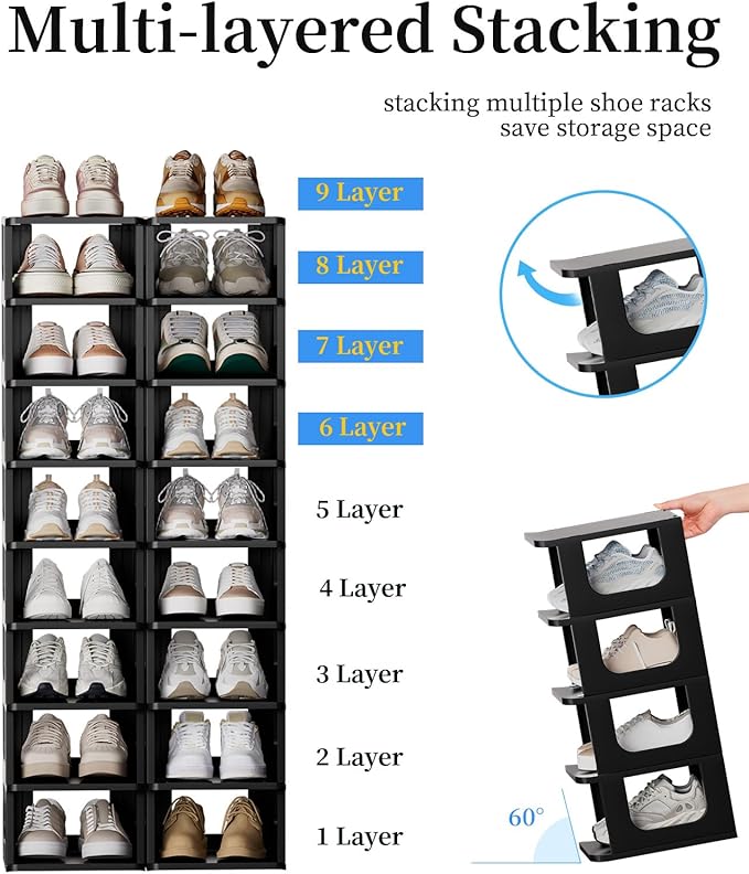 HAIXIN Adjustable 10 Tier Shoe Organizer - Narrow Plastic Vertical Shoe Rack for Closet, Entryway, Boots - Stackable Shoe Cabinet
