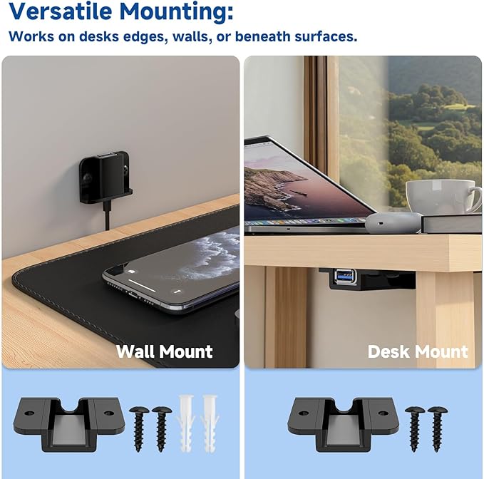 Under Desk USB Extension Cable Holder - 1PC Small Arylic Organizer for USB Extension Cord Mount Easy Access & Secure Plug, Black