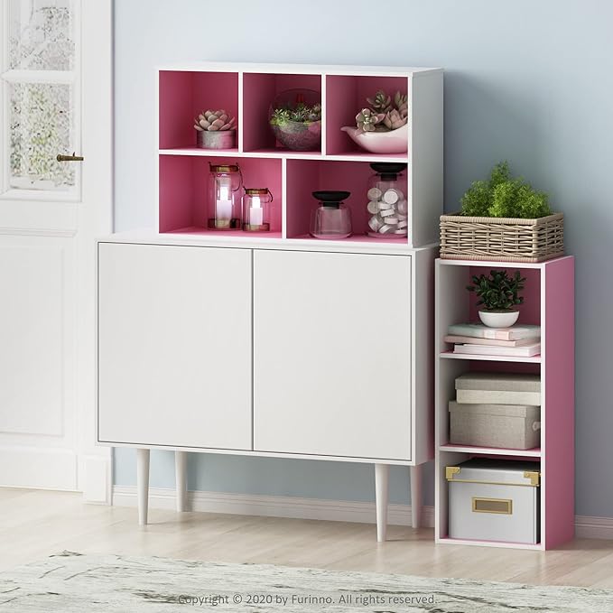 Furinno LUDER Book Shelf, 3-Cube Bookshelf, White/Pink