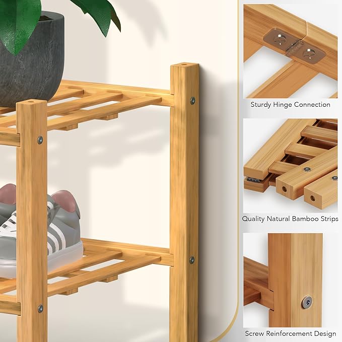 Haddockway Long 2 Tier Bamboo Shoe Rack Storage Organizer, Multifunctional Free Standing Stackable Shoe Shelf with Grid Panel for Closet,Hallway,Entryway,Small Space 34.2"x11"x13"