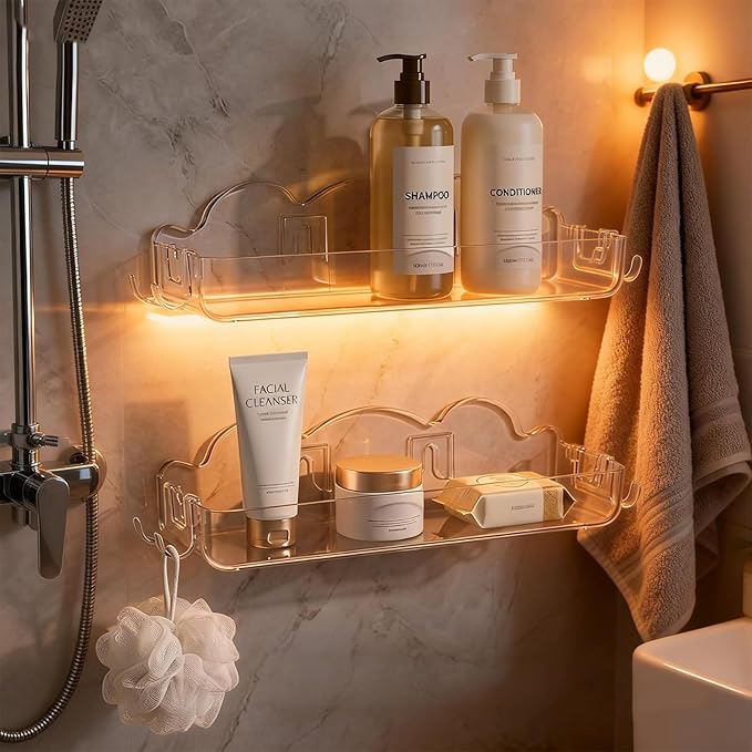 2 Pack Acrylic Shower Caddy No Drilling Adhesive Shower Shelves with 4 Removable