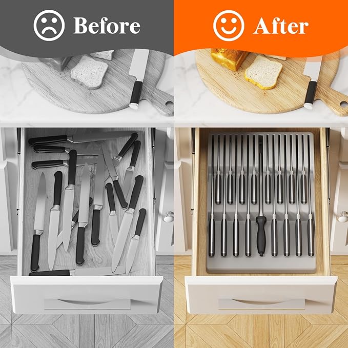 Lifewit Magnetic Drawer Knife Organizers Insert, Kitchen Plastic In Drawer Knife Block Slots, Steak Chefs Knives Holder Storage for 16 Knives and 1 Sharpening Steel, Extra Large, Gray, 16.5"/42 cm(W)