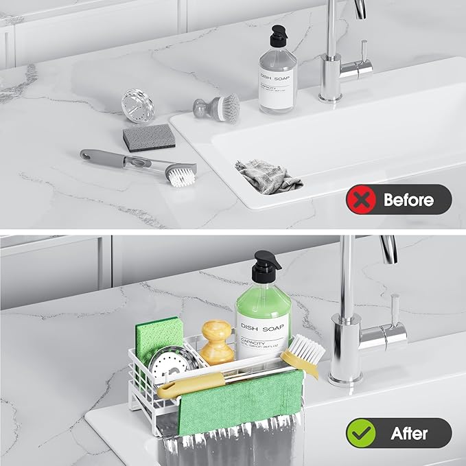 Self-Draining Kitchen Sink Caddy, Rustproof Non-Slip Sponge Holder with Detachable Dish Cloth Holder (White)