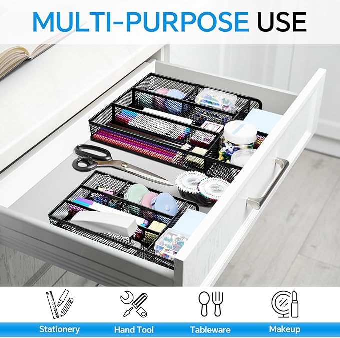 Desk Drawer Organizer, Office Drawer Divider Organizer Tray with 6 Compartments, Metal Mesh Desktop Organization and Accessories for Stationery Makeup Kitchen Toolroom School ＆ Office