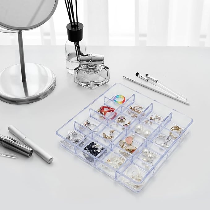 carrotez Small Stackable Jewelry Organizer Tray, 16 Grid, Clear Plastic Drawer Organizer for Makeup, Accessories, Desk, Vanity