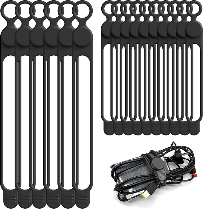 Silicone Cable Ties Cord Organizer for Cable Management, 16PCS 4.2" and 7.1" Reusable Cable Organizer Electronic Accessories for Home, Office, Kitchen, School, Travel (Black)