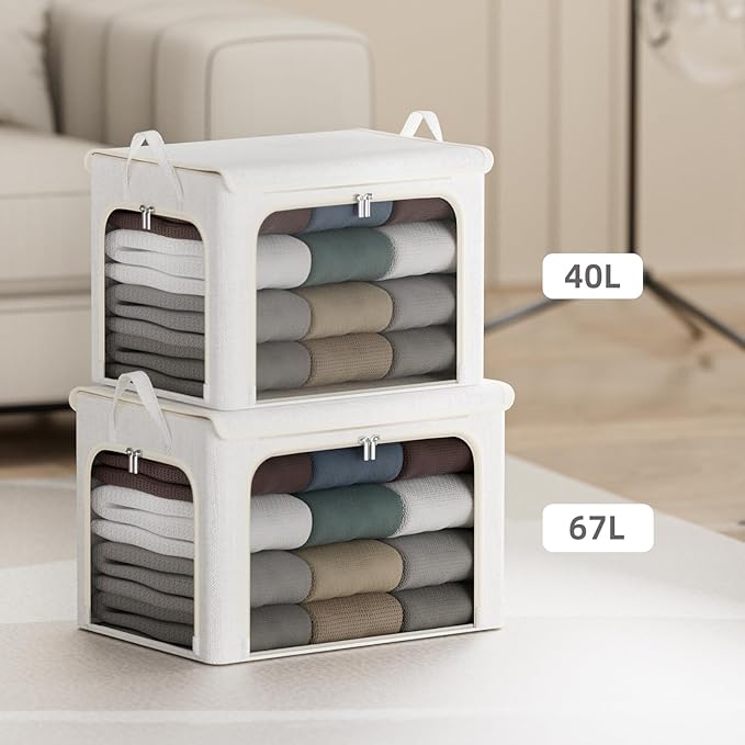 4 Pack Clothes Storage Bins with Metal Frame - 66L Stackable Storage Box with Lid，Foldable Storage Container Organizer for Clothes，Linen Fabric Storage Box with Clear Window＆Zippers＆Handles