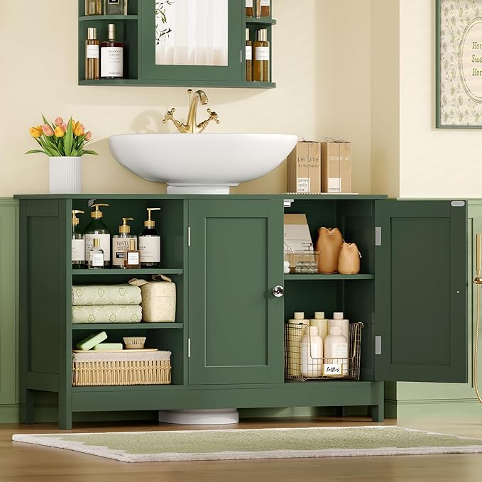 TEENFON 35.4" Pedestal Sink Storage Cabinet with 2 Doors and Adjustable Shelves, Bathroom Sink Cabinet, Under Sink Storage with U-Shape Cut-Out, Green