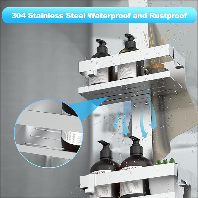 Shower Caddy Hanging, SUS304 Stainless Steel, Over Frameless Glass Door Shower Shelf, Bathroom Organizer/Rack No Drilling, Silver