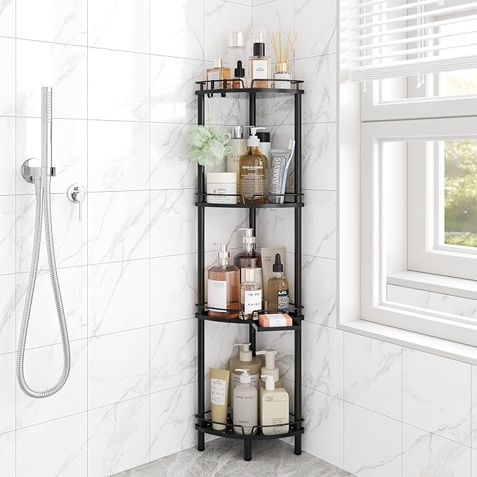 ELYKEN Corner Shower Caddy Standing, 4 Tier Rustproof Metal Shower Organizer with Soap Holder, Floor Shower Corner Shelf Rack Storage Stands with Adjustable Feet & 2 Hooks for Bathroom, Black