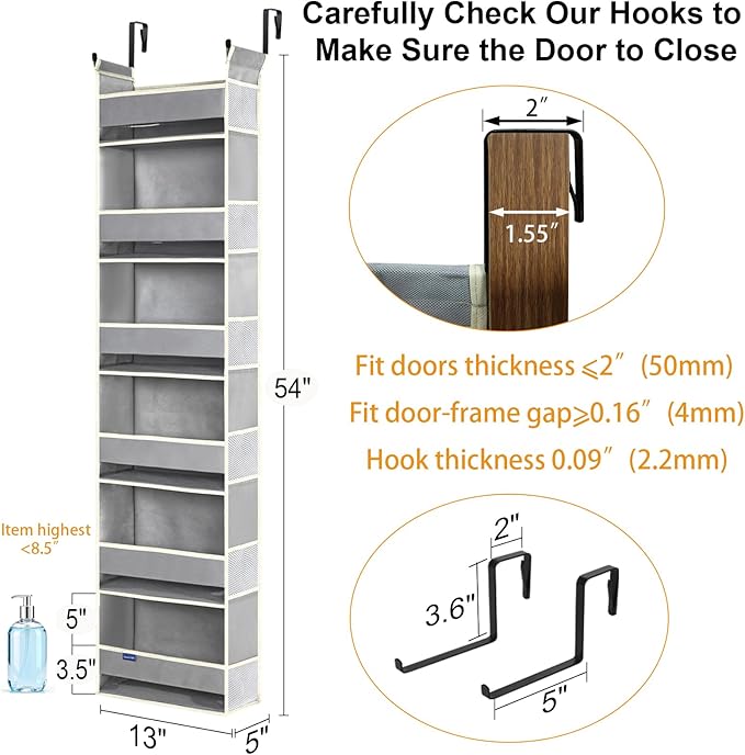 2 Pack Over The Door Hanging Organizer 6-Shelves and 12 Side Pockets, Over The Door Storage for Bathroom and Bedroom, Back of Door Organizers for Baby Products and Kid's Toys(13"x5"x54" Grey)