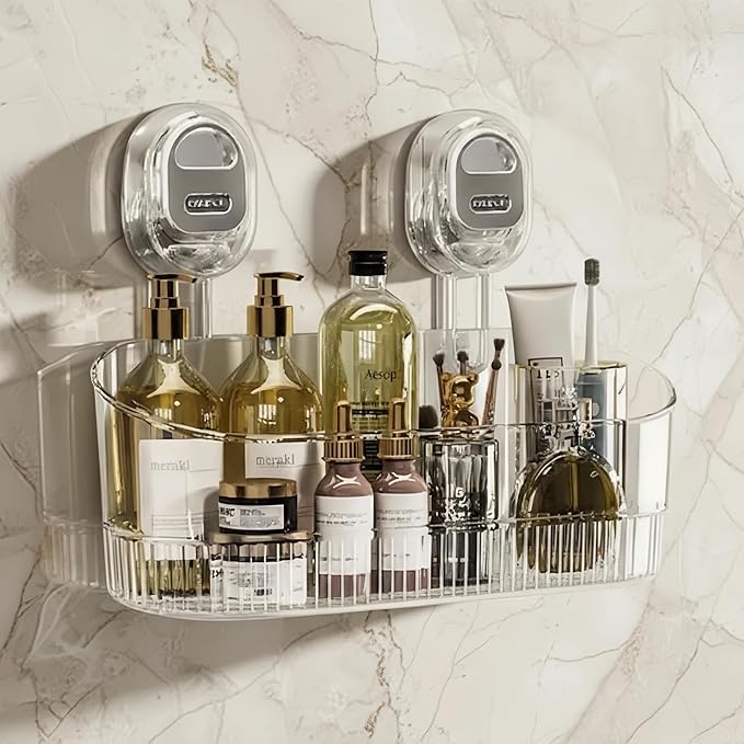 No-Drill Wall Mount Storage Box with Wave-Grip Suction Cups, Large Capacity & Heavy Duty for Bathroom Sink, Organize Cosmetics and Toiletries.（Large Size）