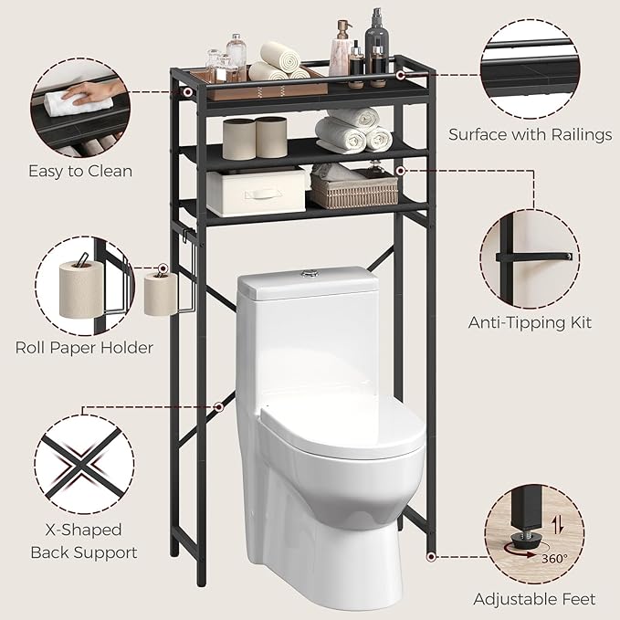 MAHANCRIS Over Toilet Storage, 3-Tier Bathroom Organizer Shelf with Toilet Paper Holder, Freestanding Space Saver Bathroom Shelves Above Toilet for Bathroom, Laundry Room, Black TSBK1201