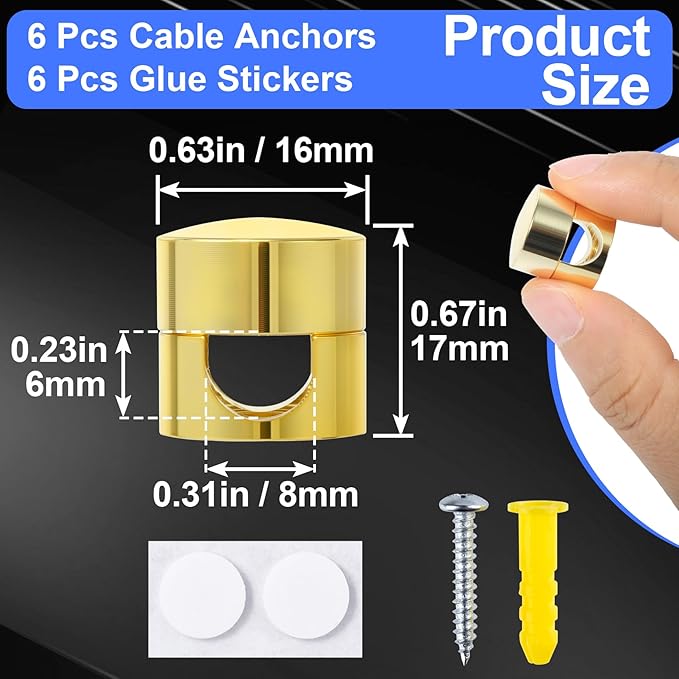 SmallCat 6 Sets Charger Holders for Cords, Gold Adjustable Cable Anchor Holders, Adhesive Metal Cord Clips, Cable Management Wire Organizers for Desk, Office, Nightstand