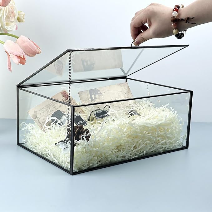HighFree Vintage Glass Box with Lid - Clear Jewelry Glass Display Box Keepsake Box - Home Decor Decorative Box for Trinket Rings Bracelet (Black, X-Extra Large)