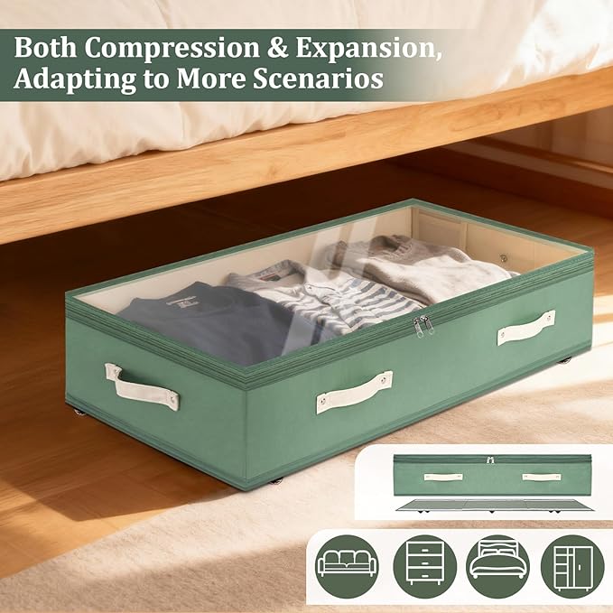 Dolicer 2 Pack Under Bed Storage with Wheels, 6in-10in Height Adjustable Underbed Storage Containers, 92L XXXL Under Bed Drawers Rolling Bin with Clear Lids for Dorm Shoes Clothes Organizers(Green)