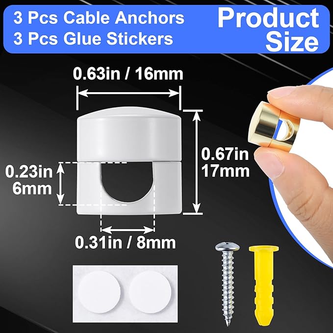 SmallCat 3 Sets Charger Holders for Cords, Adjustable Cable Anchor Holders, Adhesive Metal Cord Clips, Cable Management Wire Organizers for Desk, Office, Nightstand - Black, Red Bronze, White