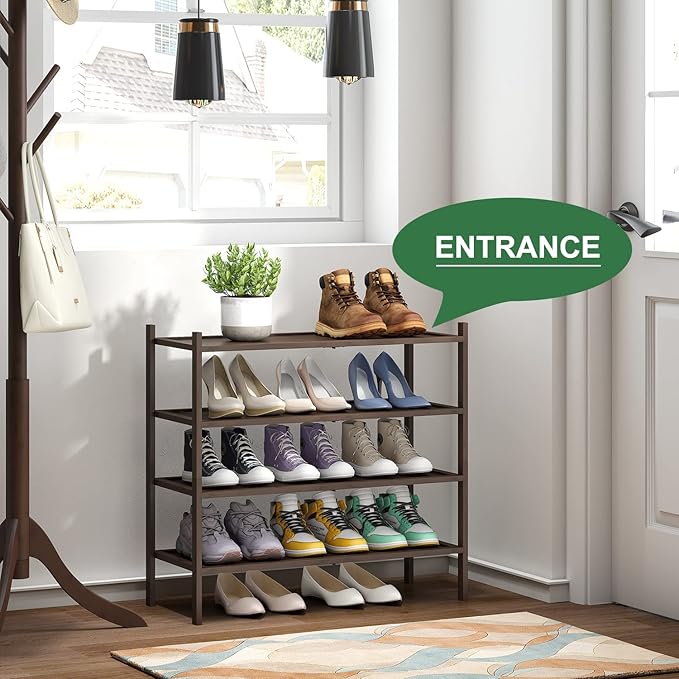 kiplant Shoe Rack for Entryway, Bamboo Wood Shoe Rack 4-Tier, Stackable Shoe Organizer for Closet, Free Standing Shoe Racks for Indoor & Outdoor