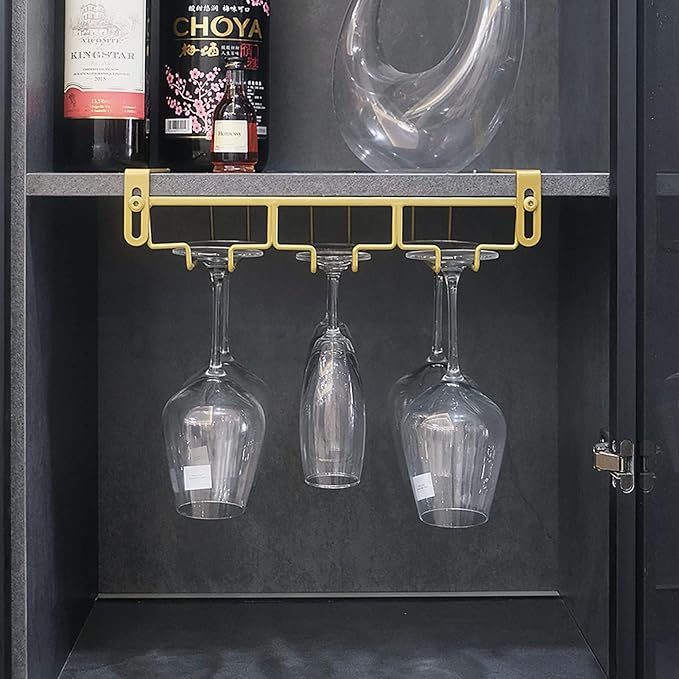 Adjustable Under Cabinet Stemware Holder - Metal Wine Glass Hanger Organizer for Kitchen, Bar, Shelf - Rustproof Hanging Storage Rack for 6-8 Glasses - Space Saving Decor (Gold, 3 Rows)