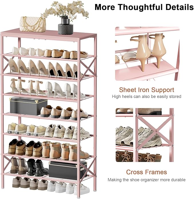 8-Tier Tall Shoe Rack Organizer Shoe Storage for Entryway 24-32 Pairs Metal Shoe Rack for Closet Heavy-Duty Shoe Rack with Wooden Top Shelf for Garage Pink