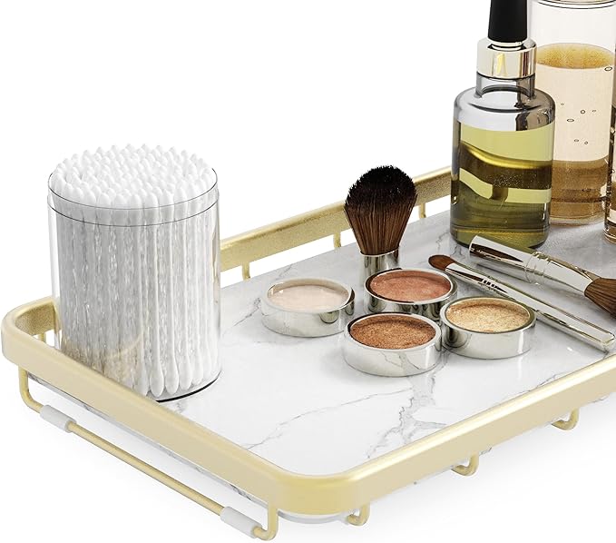 Counter Organizer for Bathroom, Kitchen or Coffee Bar, Metal Shelf with Faux Marble, Vanity Countertop Makeup Storage, Dresser Perfume Display Rack, Toilet Tank Tray (Matte Gold, 1-tier)