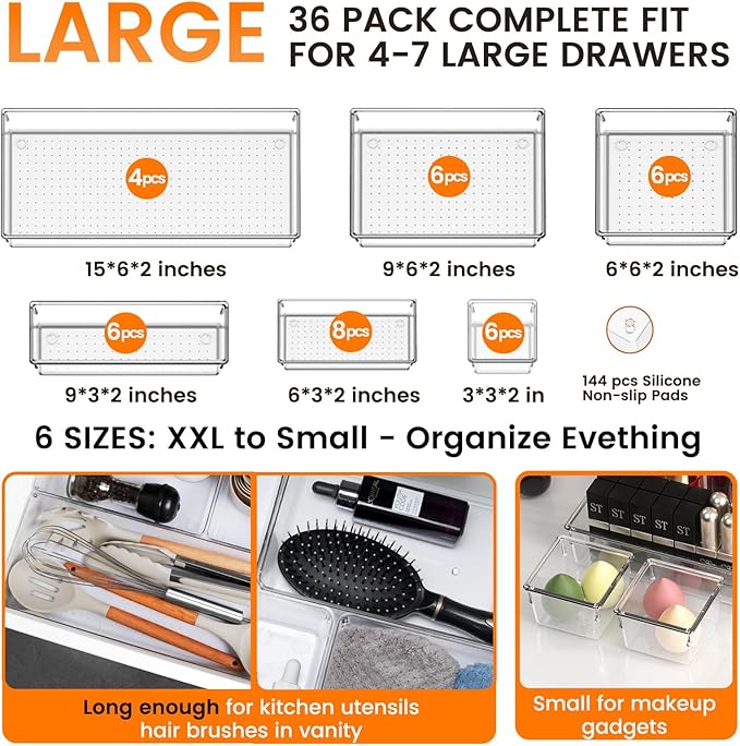 36 Pack Large Clear Plastic Drawer Organizer Bins