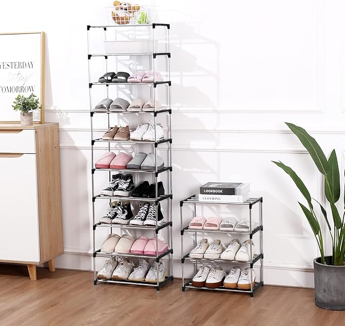 Jucaifu Stackable Small Shoe Rack, Entryway, Hallway and Closet Space Saving Storage and Organization (4-Tier, Black)