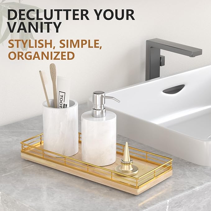 Bathroom Tray for Counter Top Organizer, Gold & Oak Decorative Storage